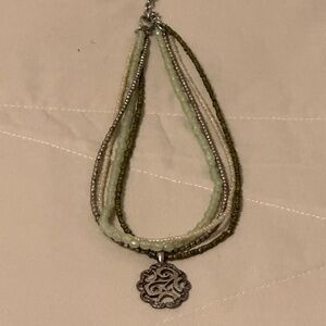 2/$20 Green Gray & Cream Beaded 4 Strand necklace pendant w/swirls